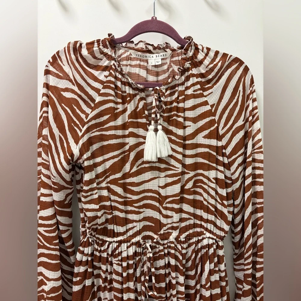 Veronica Beard Danica Tasseled Gathered Animal Print Mini Dress Size S - Picture 5 of 12